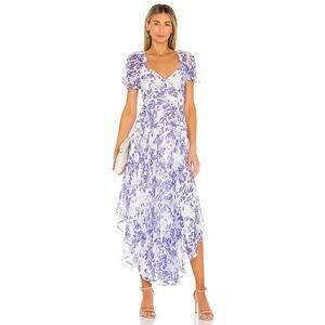 SAU LEE Georgia Dress In Blue & White Sz 4 Floral Asymmetrical Ruffle Hem NICE!